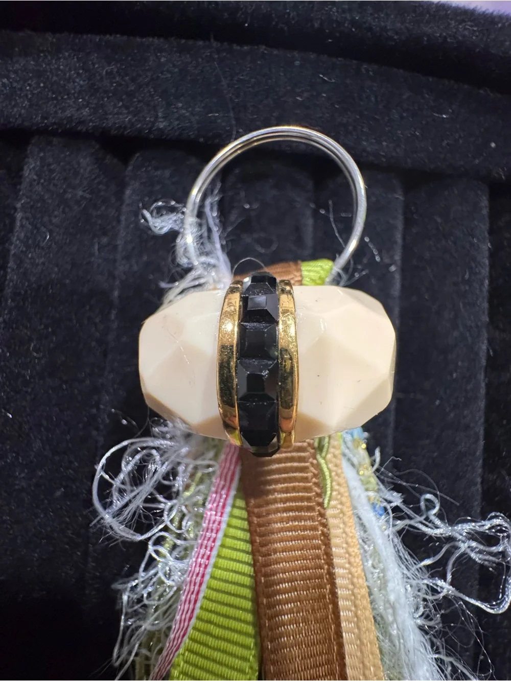 Stylish Multi-Texture Tassel Keychain in Beige and Green